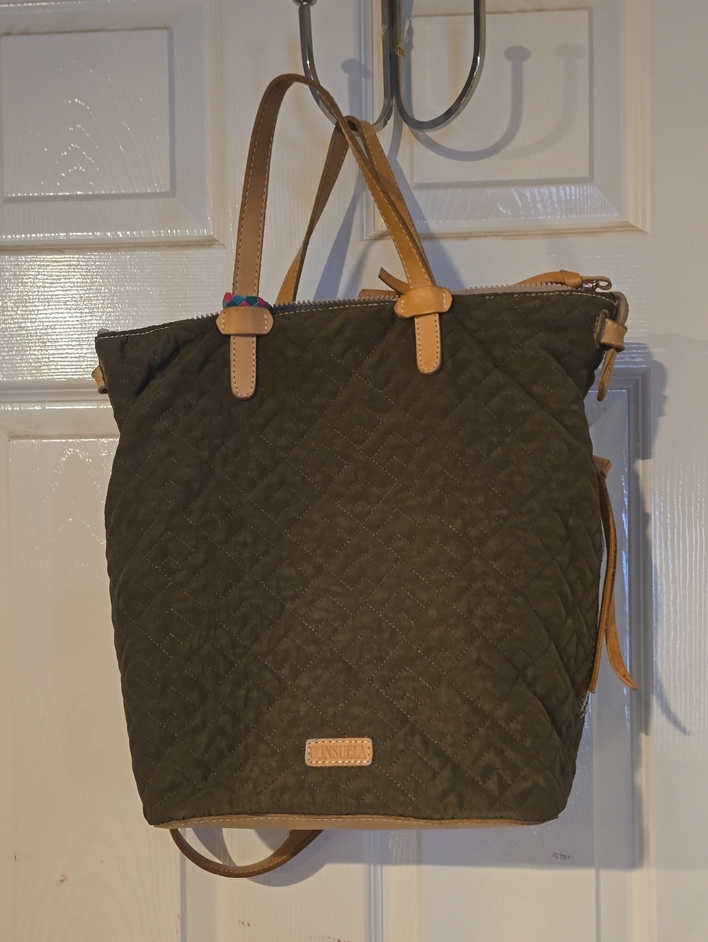 Consuela Taylor Sling Quilted Olive Green Tote with Tan Leather Trim